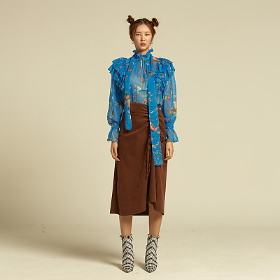 [SYZ] AESOP PRINTED RUFFLE BLOUSE BLUE